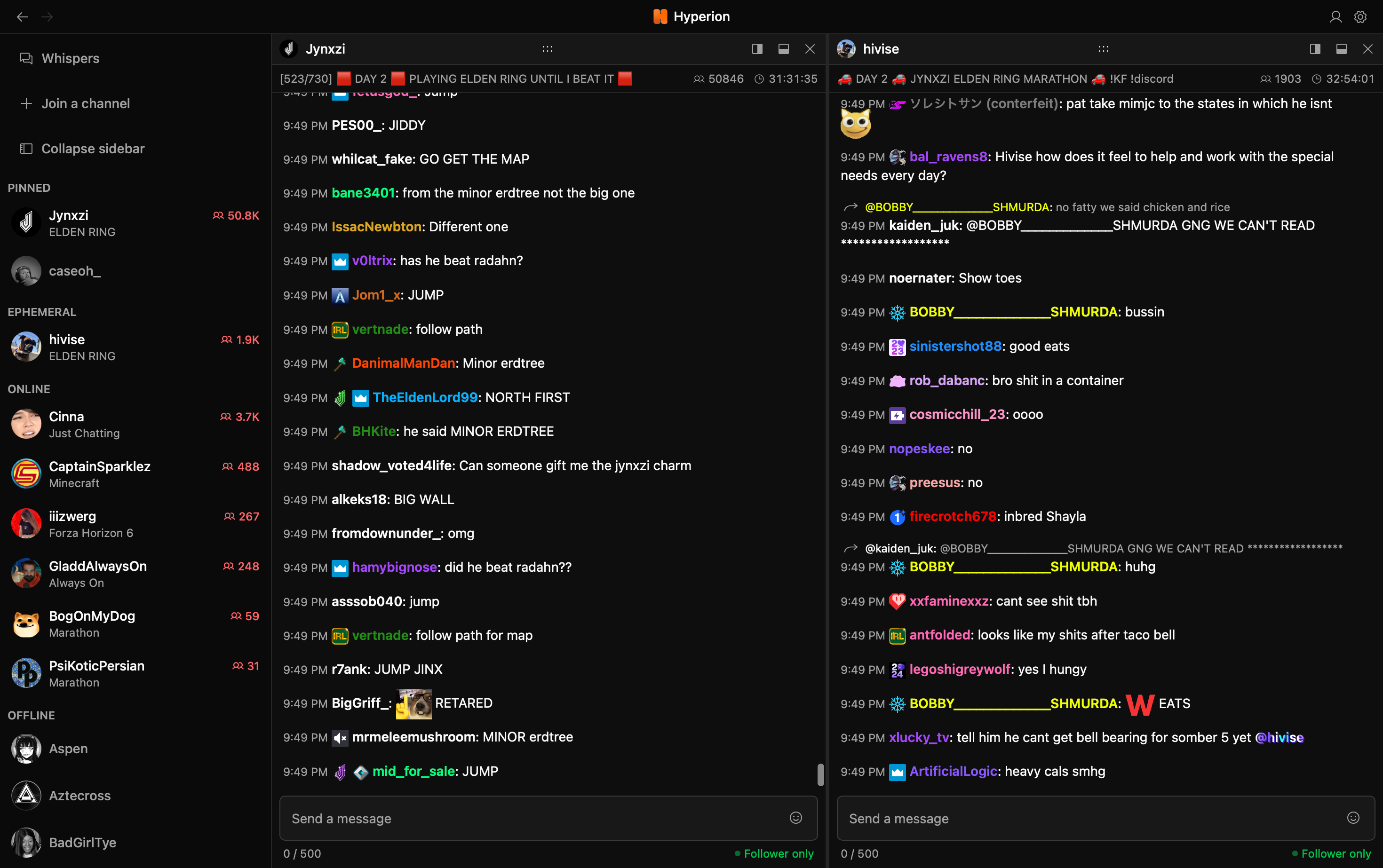 Hyperion's Twitch chat interface in dark mode